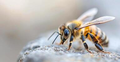Close-Up of a Honey Bee Foraging on a White Surface in Natural Light photo