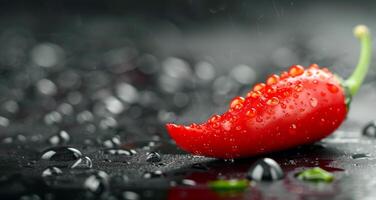 Fresh Red Chili Pepper With Water Droplets on Dark Surface in Dramatic Lighting photo