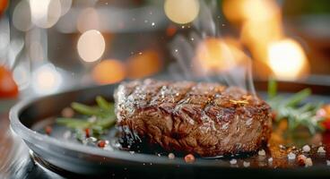 Grilled Steak With Herbs on Black Stone Surface Next to Flames photo