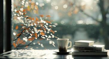 Cozy Coffee Moment by the Window With Autumn Leaves and Books photo