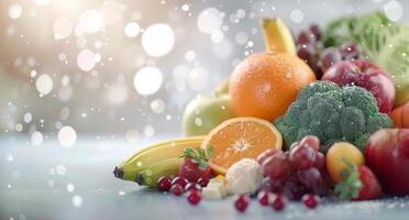 Fresh Fruits and Vegetables Displayed on a Light Surface With Soft Background Bokeh photo