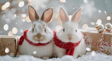 Two Cute Rabbits Wearing Red Scarves in a Festive Winter Setting With Snowy Background photo