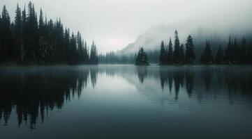 Misty Lake Surrounded by Forested Mountains at Dawn photo