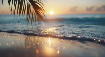Sunset Over Ocean Waves With Palm Leaves in Foreground at Tropical Beach photo