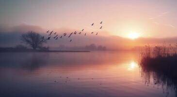 Sunrise Over Tranquil Lake With Flocking Birds in Early Morning Mist photo