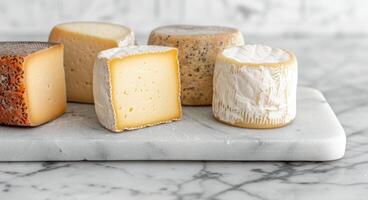Assorted Artisan Cheeses Displayed on Marble Cutting Board in Cozy Kitchen Setting photo
