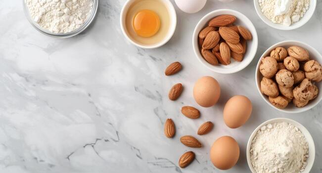 Baking Ingredients Spread on Marble Countertop With Eggs, Flour, and Nuts photo