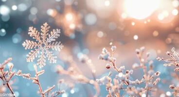 Snowflakes Glistening on Fresh Snow During Sunset in Winter Wonderland photo