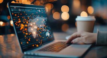 Global Data Analysis on Laptop With Coffee Cup in Modern Workspace photo