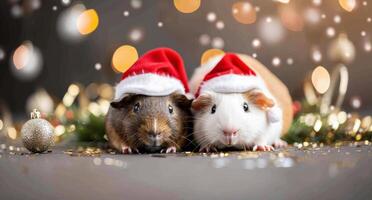 Cute Guinea Pigs in Santa Hats Celebrating Christmas With Decorative Ornaments photo