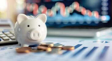 White Piggy Bank on Financial Chart With Coins and Calculator photo
