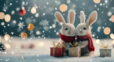 Two Cute Rabbits Wearing Red Scarves in a Festive Winter Setting With Snowy Background photo