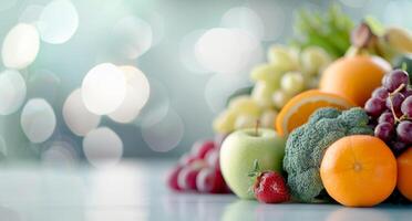 Fresh Fruits and Vegetables Displayed on a Light Surface With Soft Background Bokeh photo