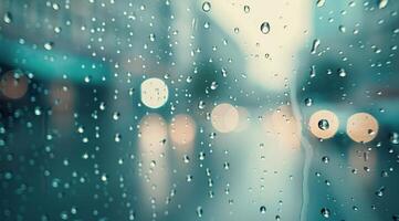 Raindrops on Window at Night With Blurry City Lights in Background photo