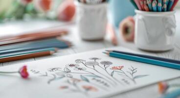 Colored Pencils Arranged on Floral Sketches in Soft Morning Light photo