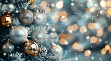 Decorated Christmas Tree With Ornaments and Snow in Evening Light photo