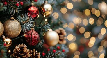 Decorated Christmas Tree With Ornaments and Pine Cones Adorning Festive Background photo