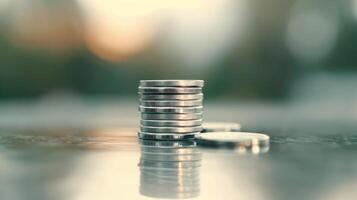 Stacked Coins on Glossy Surface With Soft Lighting Effect photo