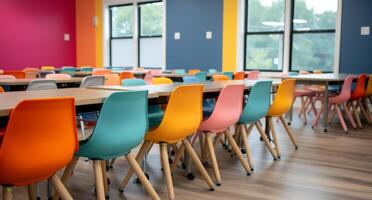Brightly Colored Chairs in a Modern Classroom Setting With Large Windows photo