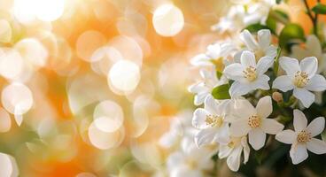 Blossoming White Flowers With Soft Background Bokeh in Spring Sunlight photo