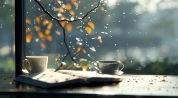 Cozy Coffee Moment by the Window With Autumn Leaves and Books photo