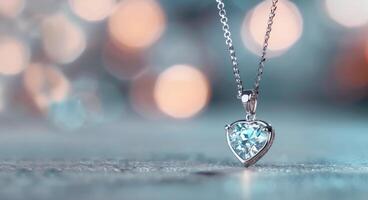 Heart-Shaped Diamond Pendant on Silver Chain With Blurred Background photo
