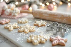 Baking Star-Shaped Cookies With Rolling Pin and Flour on Wooden Surface photo