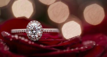 Elegant Diamond Ring Resting on Red Rose With Blurry Bokeh Background photo