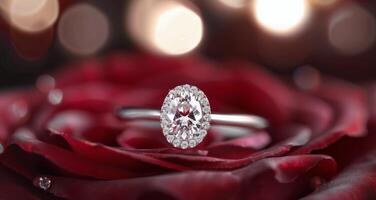 Elegant Diamond Ring Resting on Red Rose With Blurry Bokeh Background photo