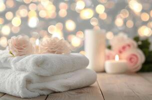Relaxing Spa Setup With Towels and Candles Surrounded by Soft Lights photo