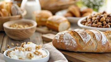 Freshly Baked Breads And Nuts Arranged On A Wooden Platter With Berries photo