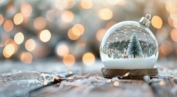 Winter Wonderland Snow Globe on Wooden Table With Festive Background Lights photo