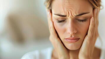 Young Woman Experiencing Stress With Hands on Face in Bright Room During Daylight photo