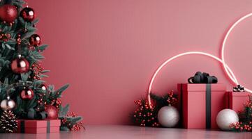 Festive Display With Red Background, Holiday Decorations, and Gift Boxes in December photo
