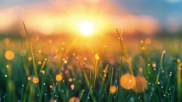 Golden Sunrise Over Grassy Field at Dawn photo