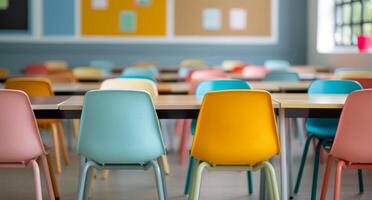 Brightly Colored Chairs in a Modern Classroom Setting With Large Windows photo