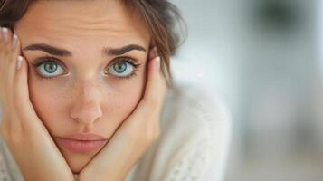Young Woman Experiencing Stress With Hands on Face in Bright Room During Daylight photo