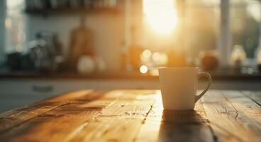 Morning Coffee on a Table With Sunlight Streaming Through the Window photo