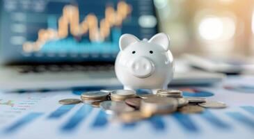 White Piggy Bank on Financial Chart With Coins and Calculator photo