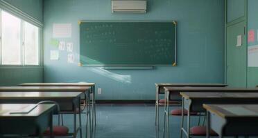 Empty Classroom With Chalkboard and Desks in a School Setting photo