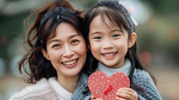 Happy Mother and Daughter Smiling in a Park With Heart-Shaped Pillow in Spring Sunshine photo