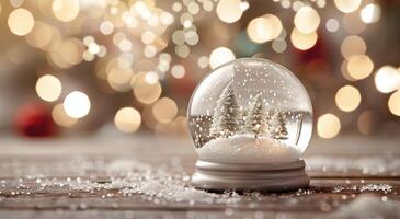 Winter Wonderland Snow Globe on Wooden Table With Festive Background Lights photo