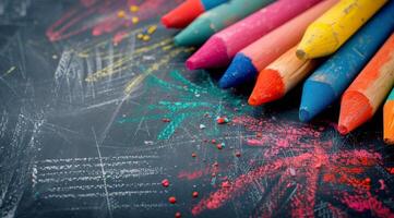 Colorful Crayons and Colored Pencils in a Bowl on a Chalkboard Surface photo