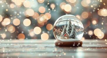 Winter Wonderland Snow Globe on Wooden Table With Festive Background Lights photo