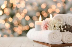 Relaxing Spa Setup With Towels and Candles Surrounded by Soft Lights photo
