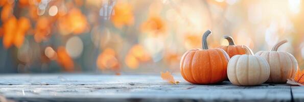Autumn Pumpkins Displayed on Wooden Table Surrounded by Colorful Leaves photo