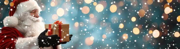 Santa Claus Delivering a Gift in a Snowy Atmosphere During Christmas Celebration photo