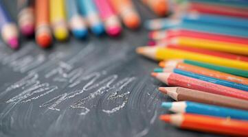 Colorful Crayons and Colored Pencils in a Bowl on a Chalkboard Surface photo