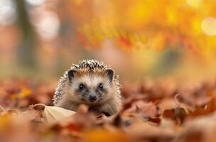 Hedgehog Foraging Among Autumn Leaves in a Forest Clearing photo