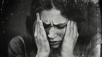 Young Woman Experiencing Stress With Hands on Face in Bright Room During Daylight photo